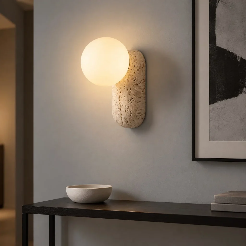 Wandlampe NIDUS, strukturierter Travertin mit Opalglas – Abendambiente