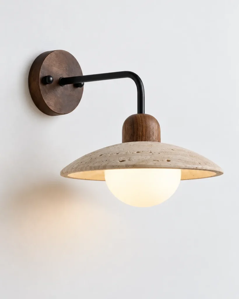 Wandlampe MELI, Travertinschale mit Holzkappe und Opalglas – Dunkles Holz mit schwarzem Arm, Produktfoto