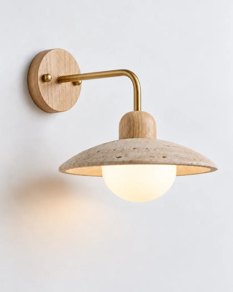 Wandlampe MELI, Travertinschale mit Holzkappe und Opalglas – Helles Holz mit goldfarbenem Arm, Produktfoto