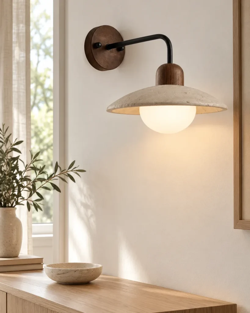 Wandlampe MELI, Travertinschale mit Holzkappe und Opalglas – im Eingangsbereich über einer Holzkonsole, Tageslicht