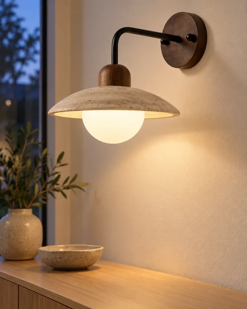 Wandlampe MELI, Travertinschale mit Holzkappe und Opalglas – im Eingangsbereich über einer Holzkonsole, Abendlicht