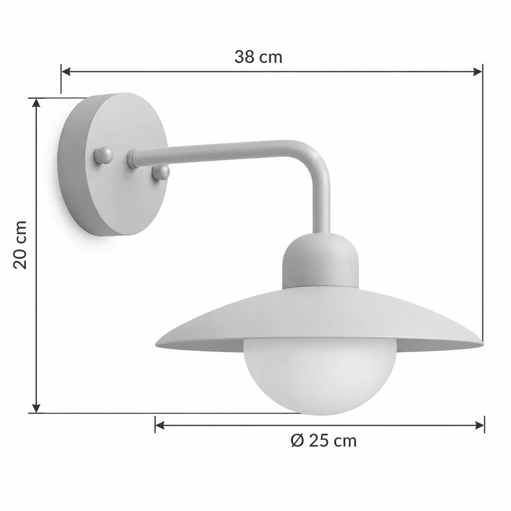 Wandlampe MELI, Travertinschale mit Holzkappe und Opalglas – Masszeichnung Höhe 20 cm, Schirm Ø 25 cm, Ausladung 38 cm