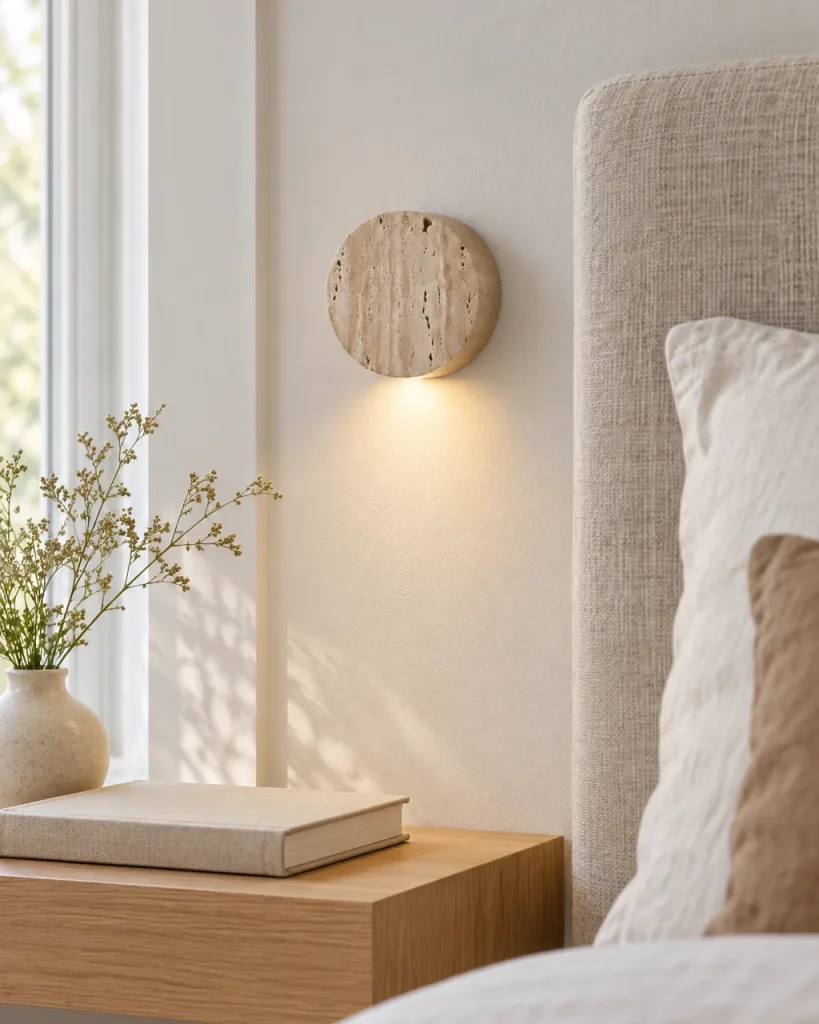 Wandlampe HALO, Travertinscheibe mit indirektem Licht – im Schlafzimmer über dem Nachttisch, Tageslicht