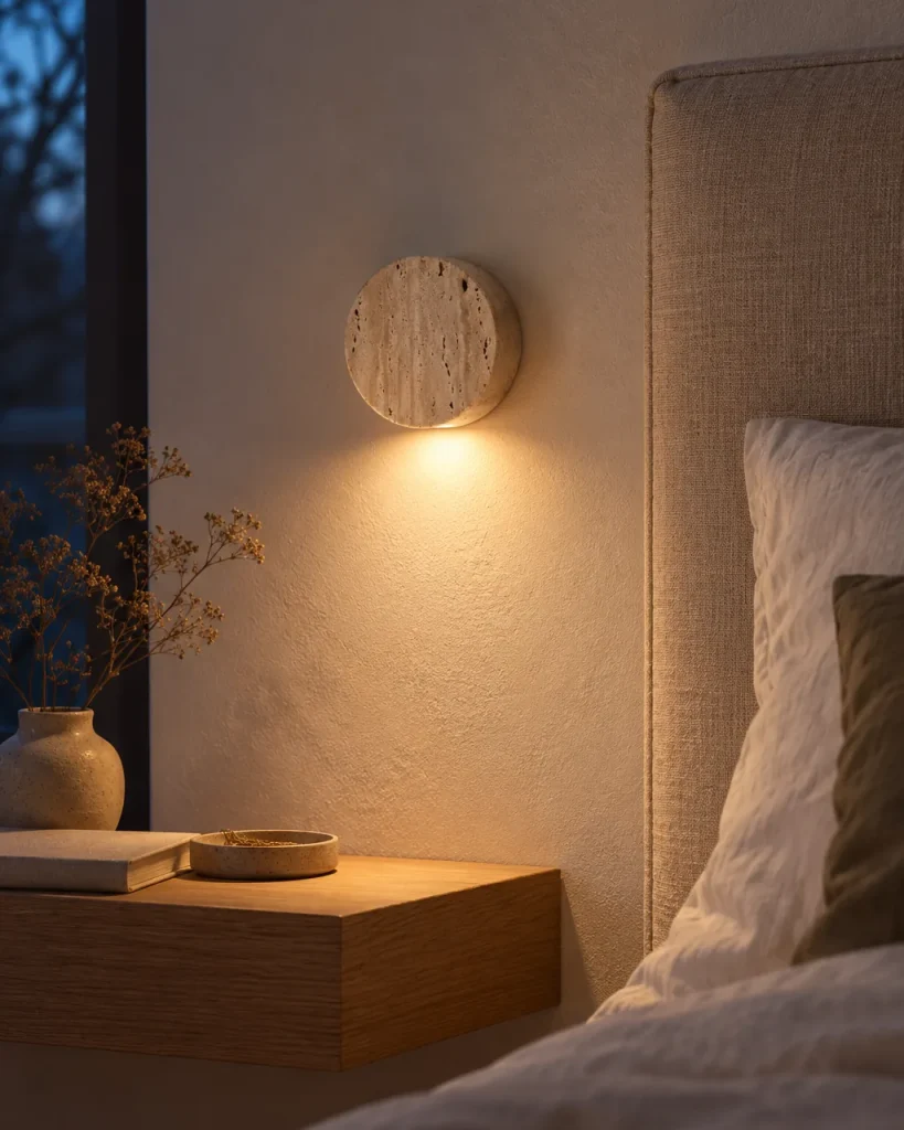 Wandlampe HALO, Travertinscheibe mit indirektem Licht – im Schlafzimmer über dem Nachttisch, Abendlicht