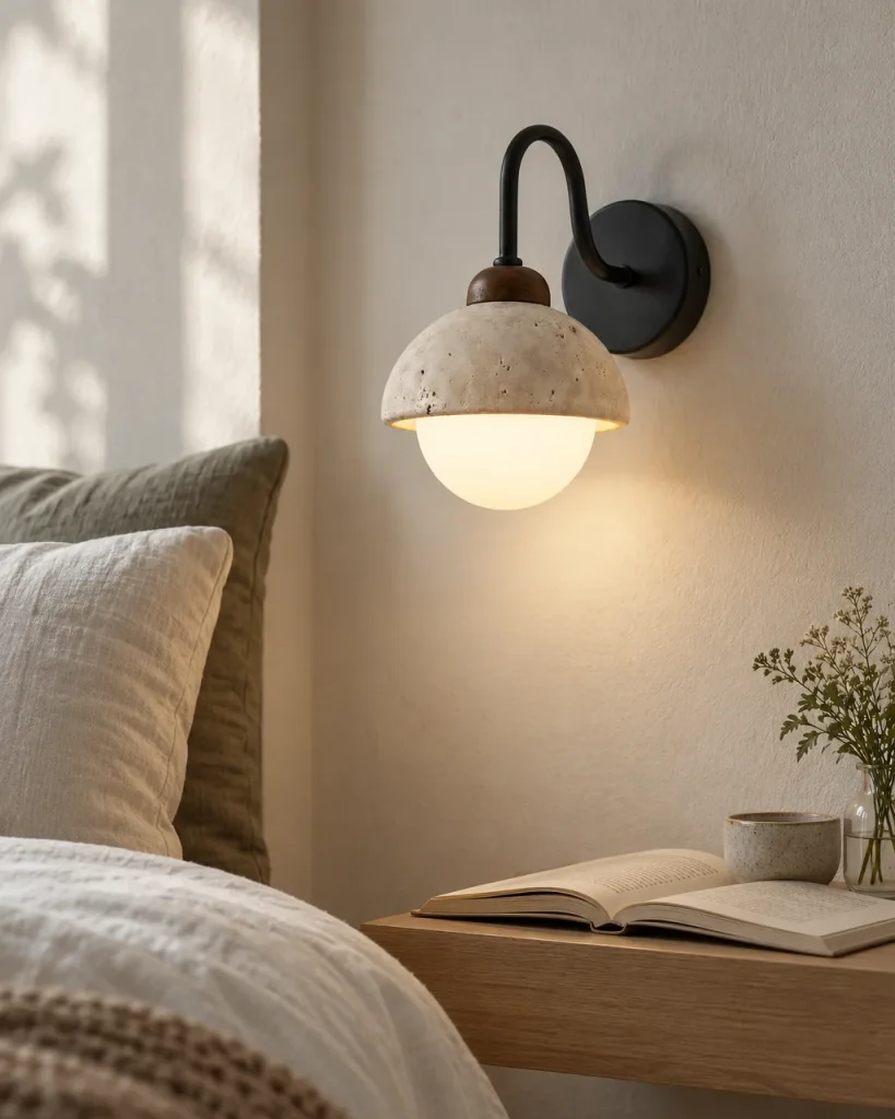 Applique LONA, collo di cigno con cupola in travertino – in camera da letto sopra il comodino, luce diurna