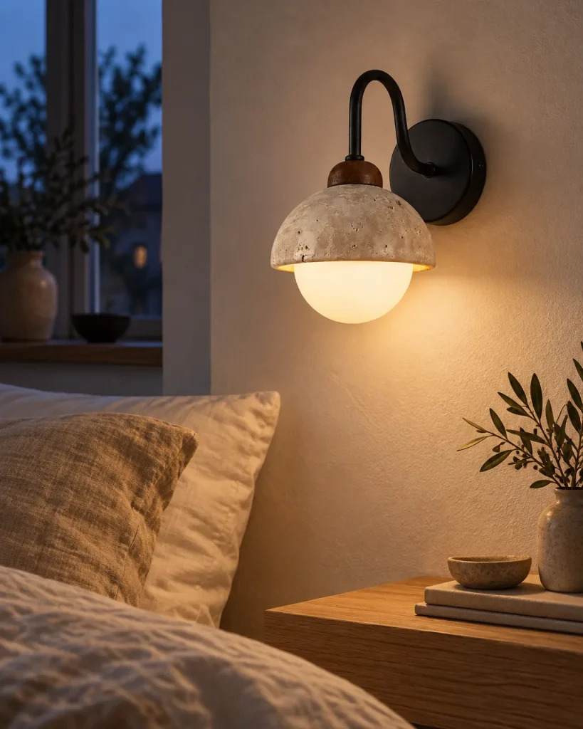 Applique LONA, collo di cigno con cupola in travertino – in camera da letto sopra il comodino, luce serale