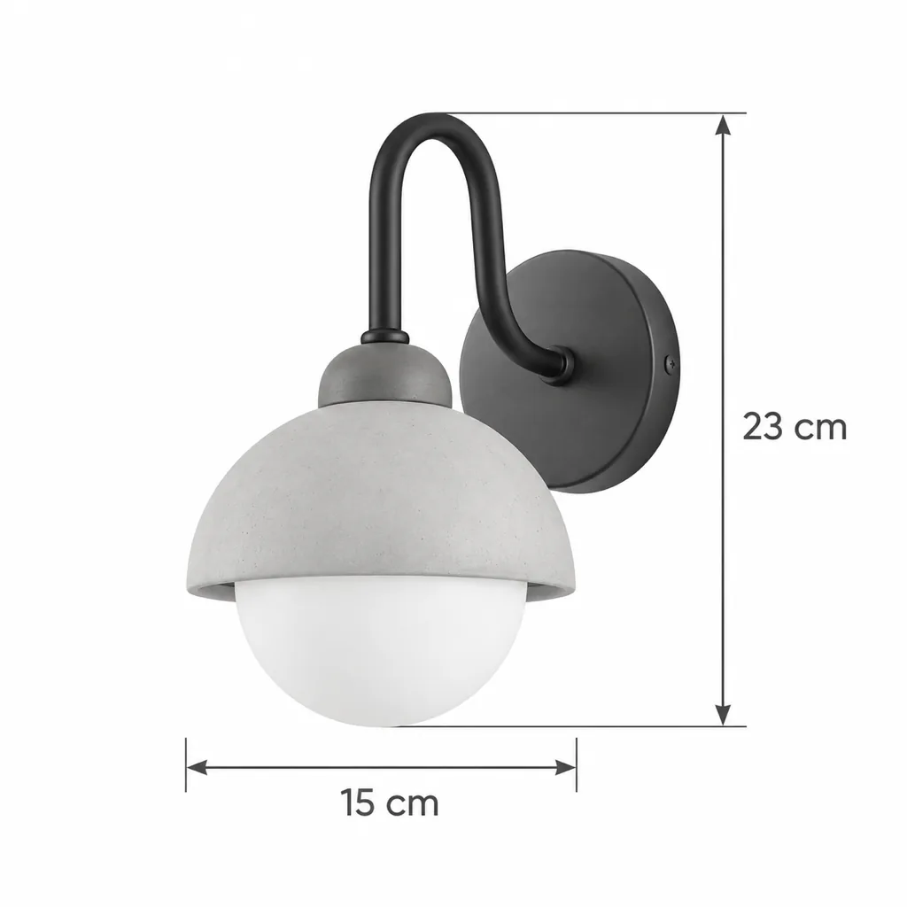 Applique LONA, collo di cigno con cupola in travertino – disegno tecnico con misure altezza 23 cm, larghezza 15 cm