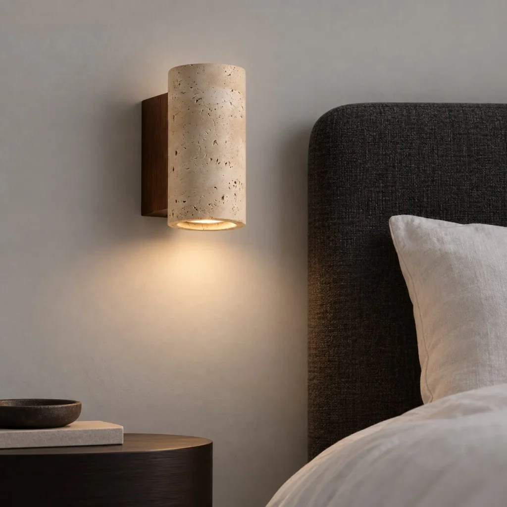 Wandlampe SUNA, Travertinspot mit dunklem Holzsockel – Abendambiente