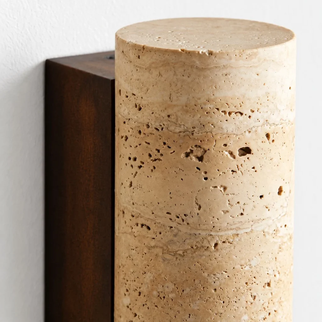 Wandlampe SUNA, Travertinspot mit dunklem Holzsockel – Materialdetail
