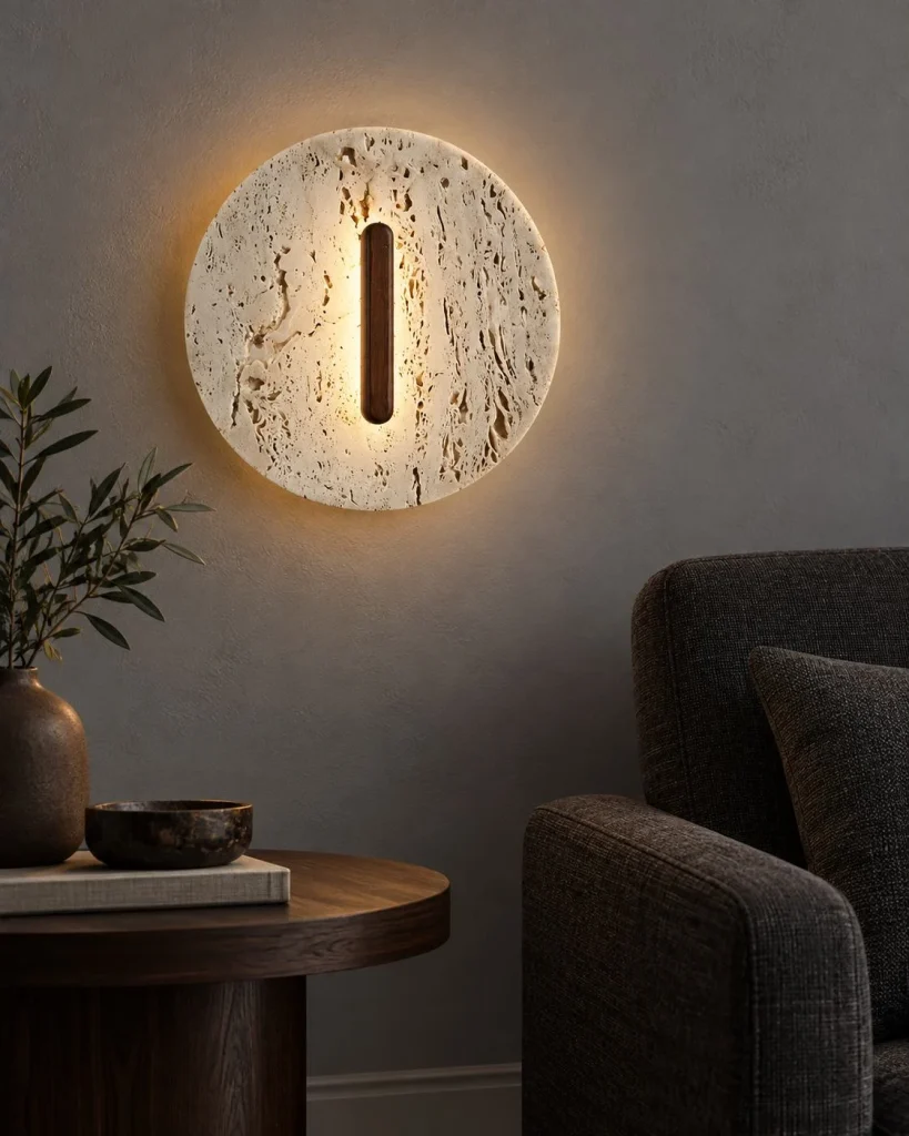 Wandlampe RALI, Travertin und Walnussholz in grafischen Formen – Ø 30 cm in abendlicher Wohnatmosphäre