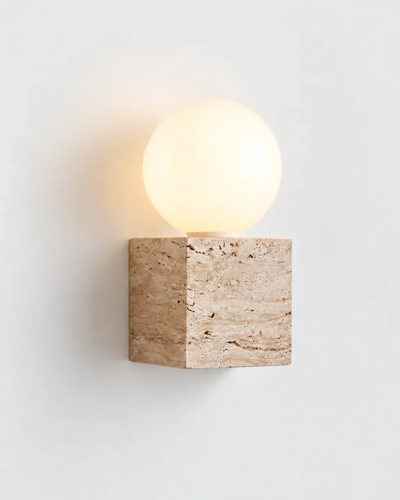 Wandlampe YAMA, Travertin-Würfel mit Opalglaskugel – Travertin, Produktfoto