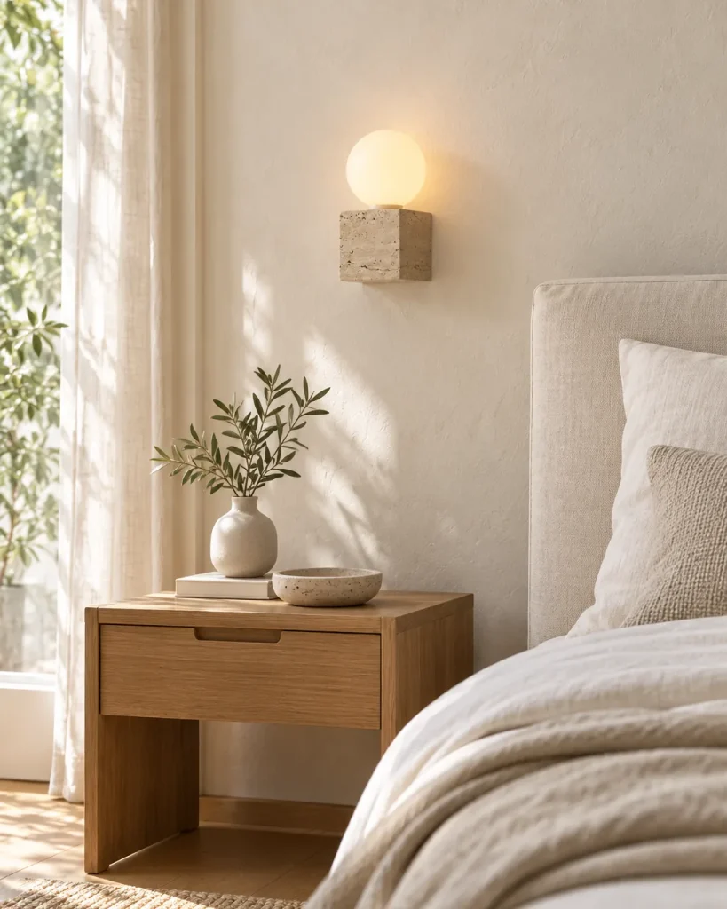 Wandlampe YAMA, Travertin-Würfel mit Opalglaskugel – im Schlafzimmer über einem Nachttisch aus Eiche, Tageslicht