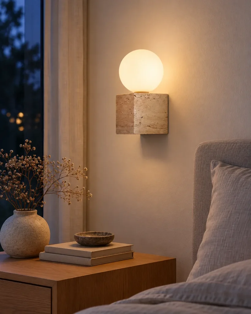 Wandlampe YAMA, Travertin-Würfel mit Opalglaskugel – im Schlafzimmer am Fenster, Abendlicht