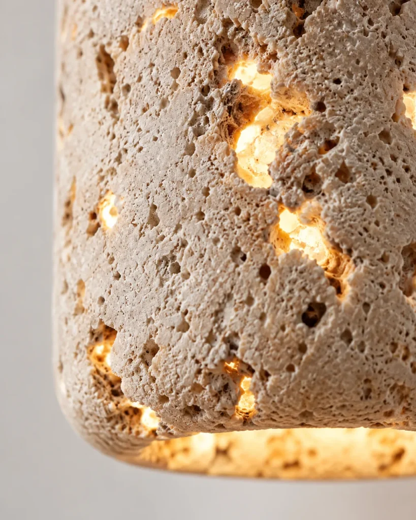 Applique MIRI, cilindro in travertino su braccio con noce – dettaglio dei pori del travertino con luce filtrante