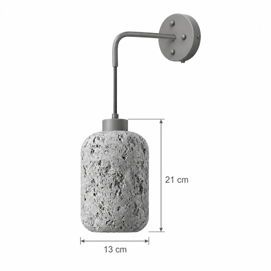 Applique MIRI, cilindro in travertino su braccio con noce – disegno tecnico, paralume altezza 21 cm, larghezza 13 cm