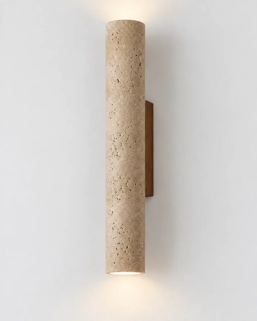 Wandlampe BOKI, Travertin-Zylinder mit Licht nach oben und unten – Travertin mit Nussbaumholz, Produktfoto