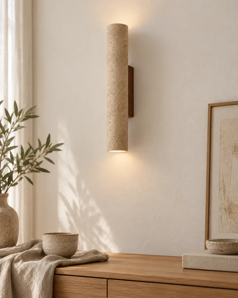 Wandlampe BOKI, Travertin-Zylinder mit Licht nach oben und unten – im Wohnzimmer über einem Holzsideboard, Tageslicht