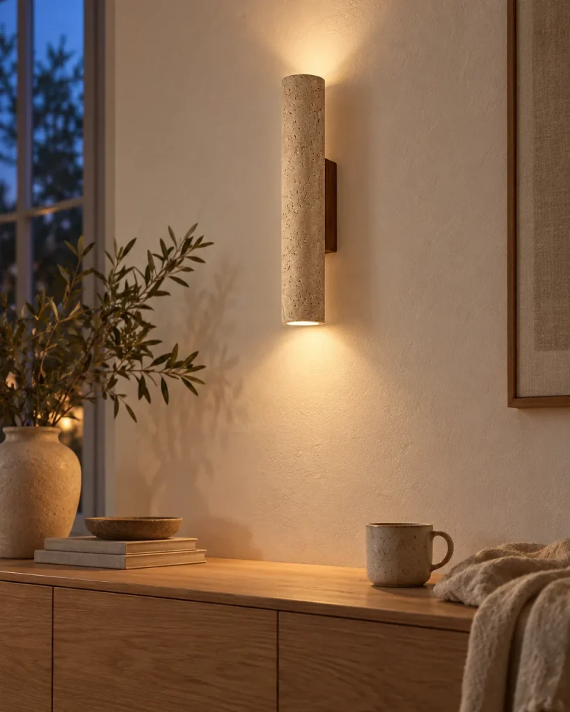 Wandlampe BOKI, Travertin-Zylinder mit Licht nach oben und unten – im Wohnzimmer über einem Holzsideboard, Abendstimmung