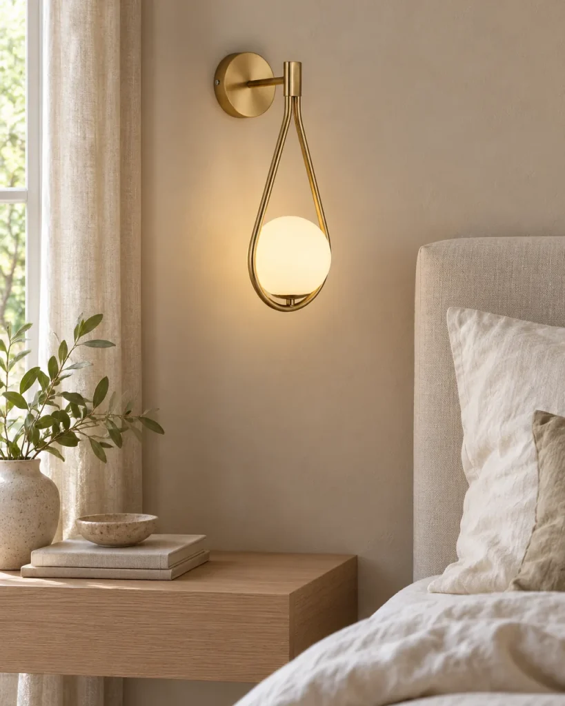 Wandlampe MAVI, Tropfenbügel mit Opalglaskugel – im Schlafzimmer neben dem Bett, Tageslicht