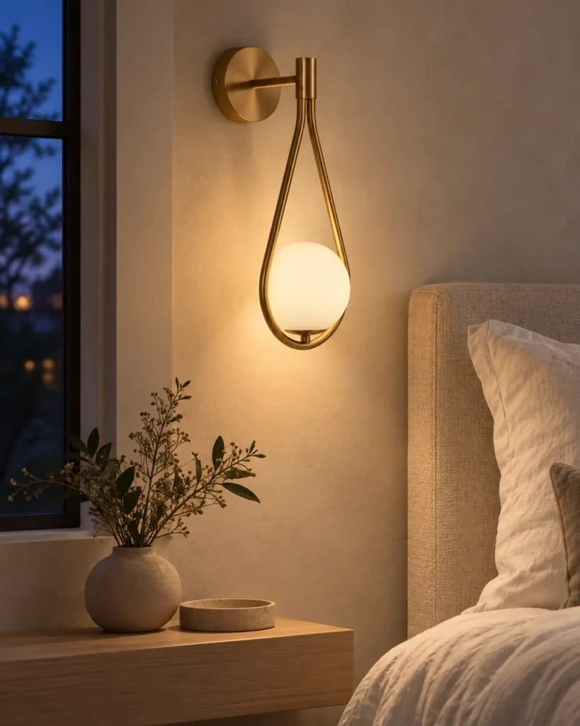 Wandlampe MAVI, Tropfenbügel mit Opalglaskugel – im Schlafzimmer neben dem Bett, Abendlicht