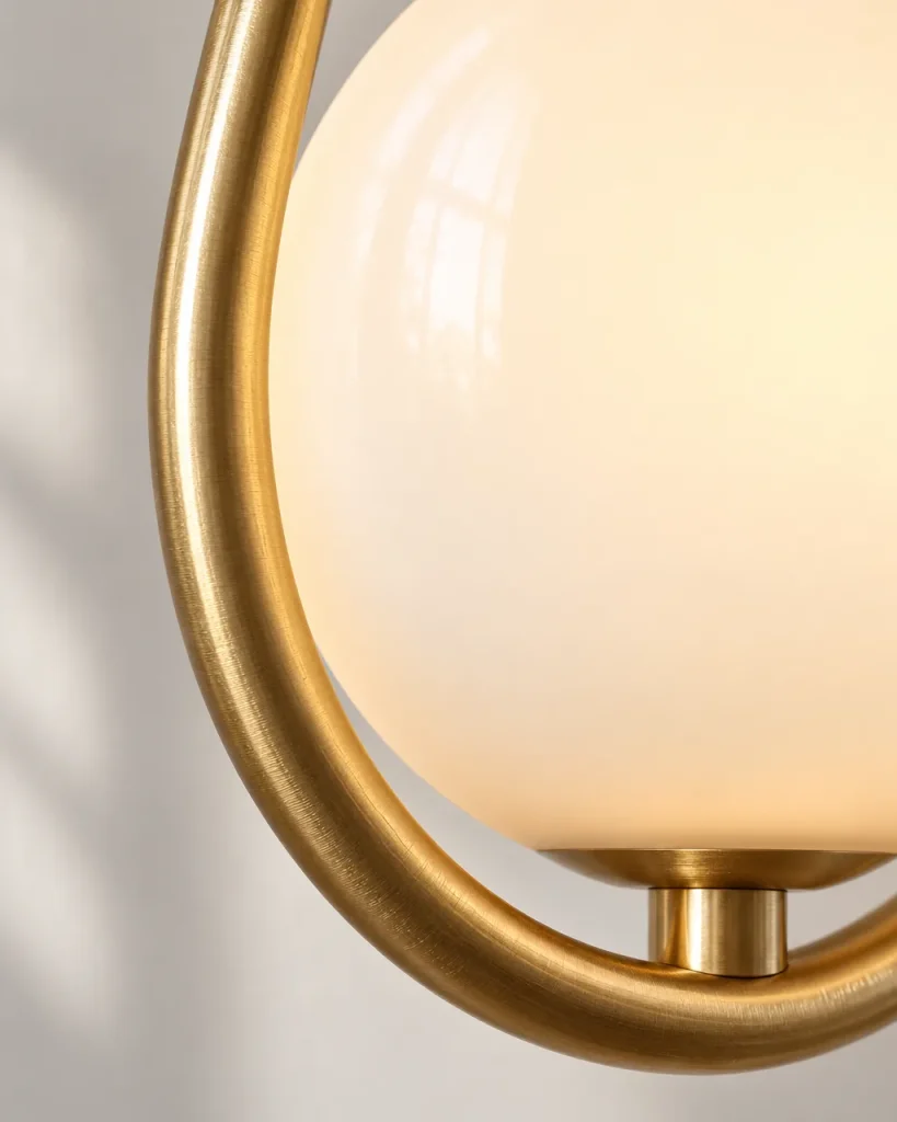 Wandlampe MAVI, Tropfenbügel mit Opalglaskugel – Detailansicht des goldenen Bügels und der leuchtenden Opalglaskugel