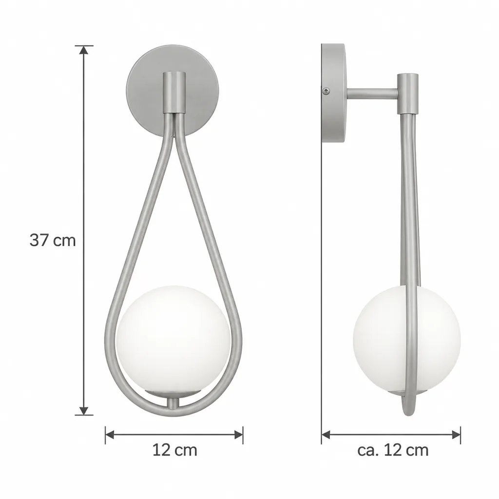 Wandlampe MAVI, Tropfenbügel mit Opalglaskugel – Masszeichnung Höhe 37 cm, Breite 12 cm, Wandabstand ca. 12 cm