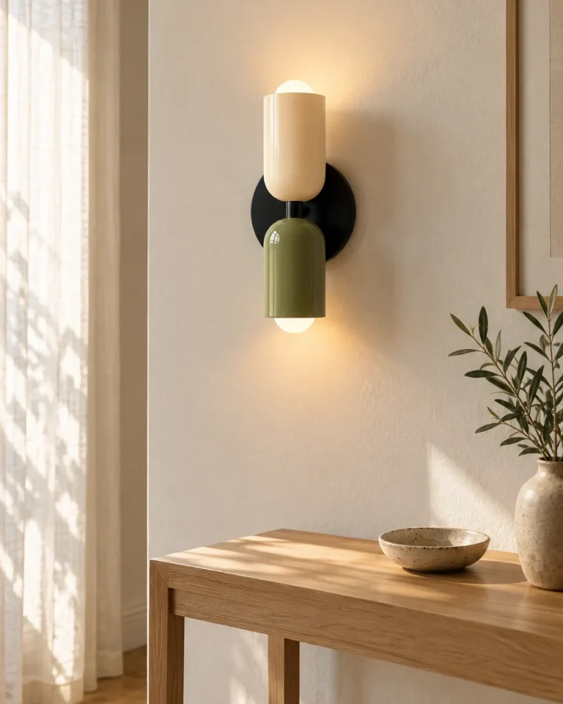 Wandlampe NORSAND NOIR, Up & Down mit zwei farbigen Köpfen – im Eingangsbereich über einer Eichenkonsole, Tageslicht