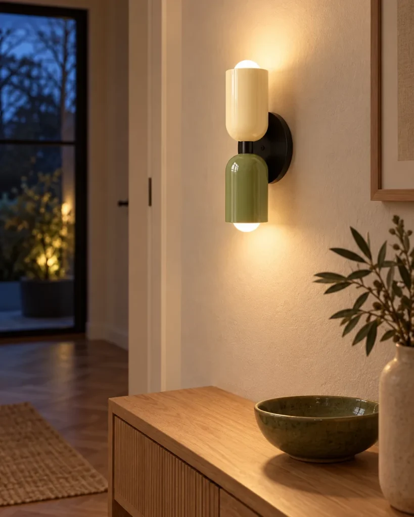 Wandlampe NORSAND NOIR, Up & Down mit zwei farbigen Köpfen – im Eingangsbereich über einer Eichenkonsole, Abendlicht