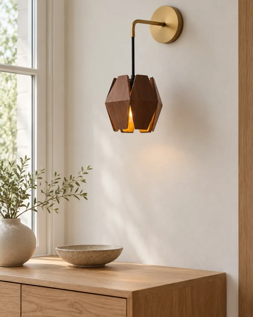 Wandlampe ALTO, facettierter Walnussschirm am Goldarm – über einer Holzkommode, Tageslicht