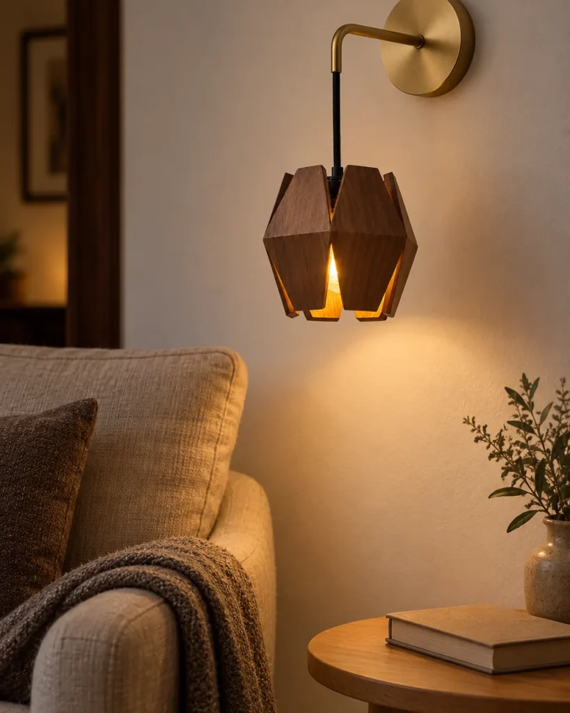 Wandlampe ALTO, facettierter Walnussschirm am Goldarm – im Wohnzimmer über einem Sofa, Abendlicht