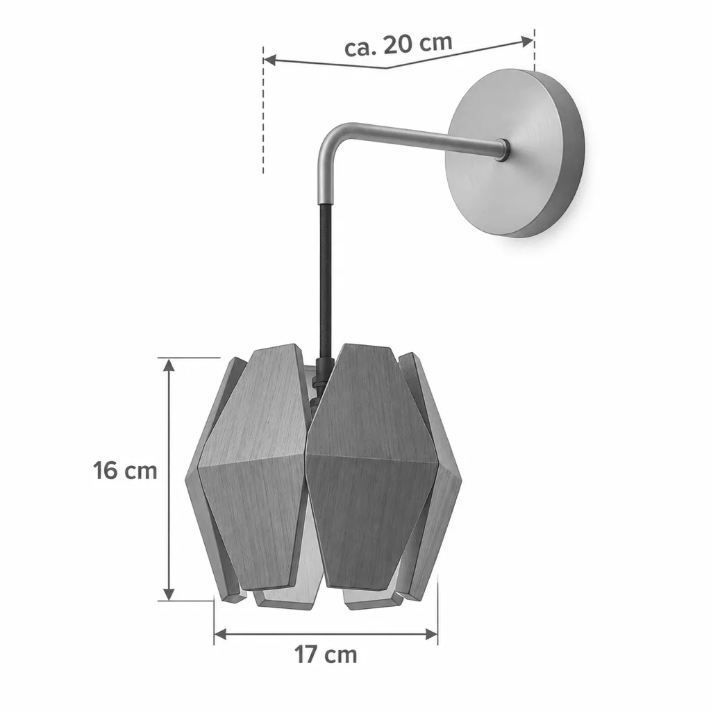 Wandlampe ALTO, facettierter Walnussschirm am Goldarm – Masszeichnung 16 × 17 cm, Wandabstand ca. 20 cm