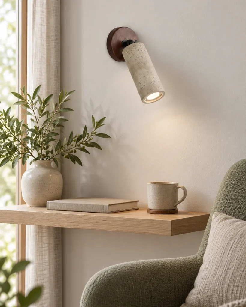 Wandlampe IWA, Schwenkbarer Wandspot in Steinoptik mit Holz – im Wohnzimmer über einem Sessel und Wandregal, Tageslicht
