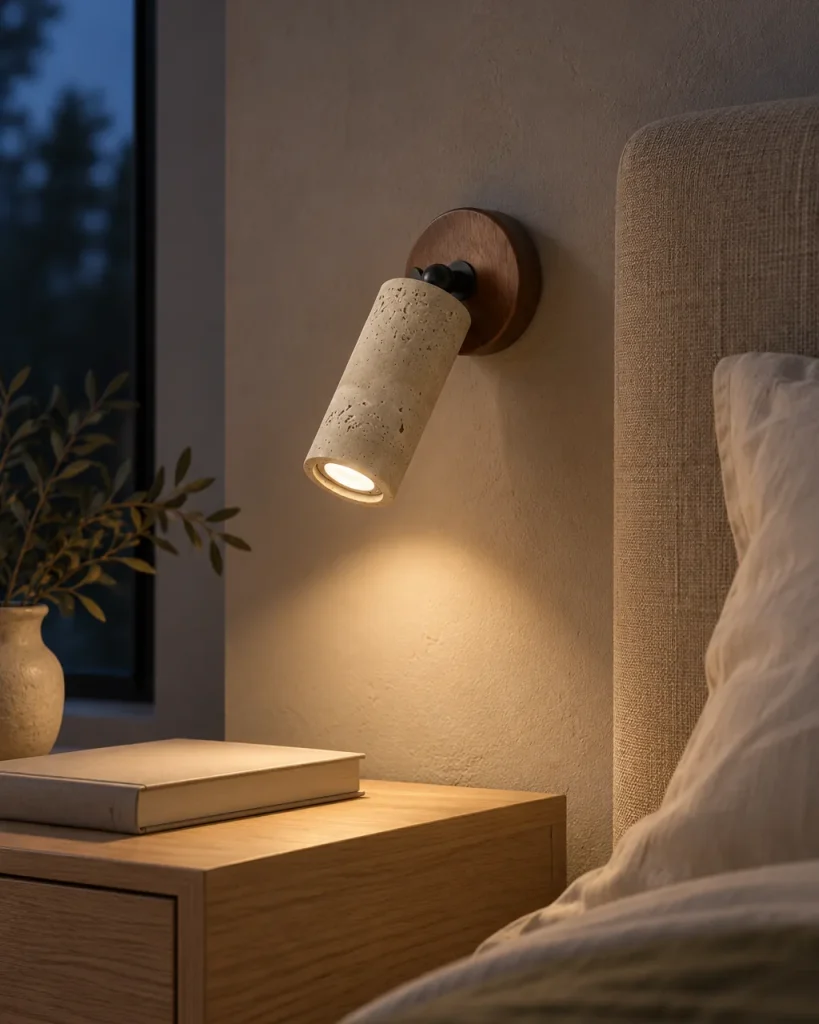 Wandlampe IWA, Schwenkbarer Wandspot in Steinoptik mit Holz – im Schlafzimmer über dem Nachttisch, Abendlicht