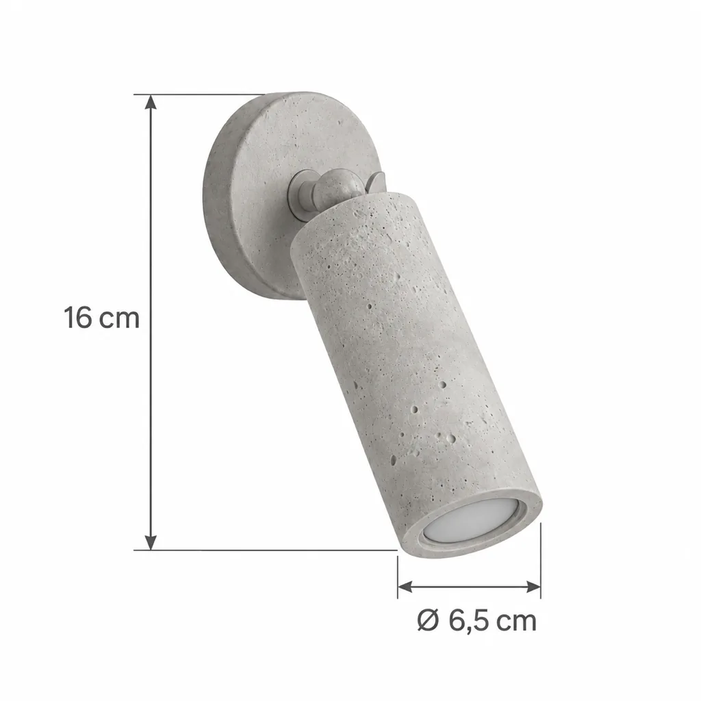 Wandlampe IWA, Schwenkbarer Wandspot in Steinoptik mit Holz – Masszeichnung Höhe 16 cm, Ø 6,5 cm